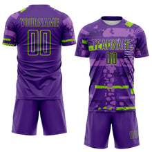Load image into Gallery viewer, Custom Purple-Neon Green Abstract Geometric Stripe Fragment Sublimation Soccer Uniform Jersey
