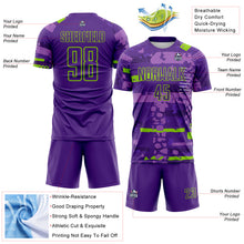 Load image into Gallery viewer, Custom Purple-Neon Green Abstract Geometric Stripe Fragment Sublimation Soccer Uniform Jersey
