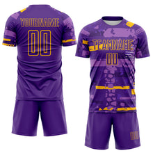 Load image into Gallery viewer, Custom Purple-Gold Abstract Geometric Stripe Fragment Sublimation Soccer Uniform Jersey
