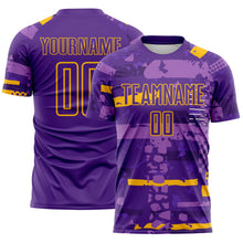 Load image into Gallery viewer, Custom Purple-Gold Abstract Geometric Stripe Fragment Sublimation Soccer Uniform Jersey
