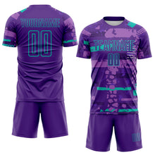 Charger l'image dans la galerie, Custom Purple Aqua-Green Abstract Geometric Stripe Fragment Sublimation Soccer Uniform Jersey
