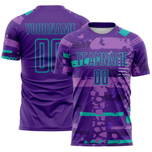 Charger l'image dans la galerie, Custom Purple Aqua-Green Abstract Geometric Stripe Fragment Sublimation Soccer Uniform Jersey
