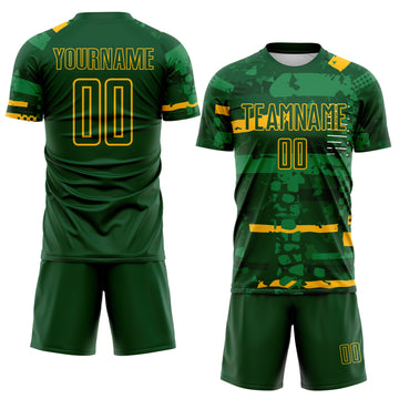 Custom Green-Gold Abstract Geometric Stripe Fragment Sublimation Soccer Uniform Jersey
