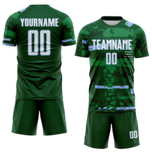 Laden Sie das Bild in den Galerie-Viewer, Custom Green White-Light Blue Abstract Geometric Stripe Fragment Sublimation Soccer Uniform Jersey
