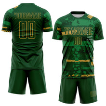Charger l'image dans la galerie, Custom Green-Old Gold Abstract Geometric Stripe Fragment Sublimation Soccer Uniform Jersey
