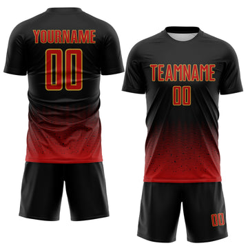 Custom Black Red-Old Gold Fade Wave Lines Splatter Sublimation Soccer Uniform Jersey