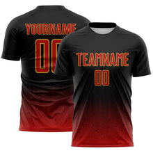 Laden Sie das Bild in den Galerie-Viewer, Custom Black Red-Old Gold Fade Wave Lines Splatter Sublimation Soccer Uniform Jersey
