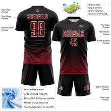 Laden Sie das Bild in den Galerie-Viewer, Custom Black Crimson-Cream Fade Wave Lines Splatter Sublimation Soccer Uniform Jersey
