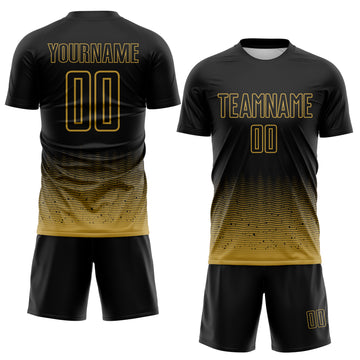 Custom Black-Old Gold Fade Wave Lines Splatter Sublimation Soccer Uniform Jersey