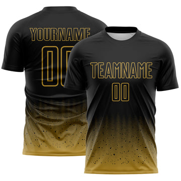 Custom Black-Old Gold Fade Wave Lines Splatter Sublimation Soccer Uniform Jersey