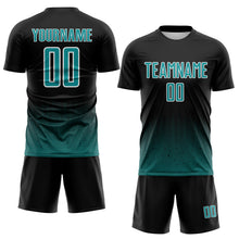 Laden Sie das Bild in den Galerie-Viewer, Custom Black Teal-White Fade Wave Lines Splatter Sublimation Soccer Uniform Jersey
