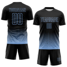 Laden Sie das Bild in den Galerie-Viewer, Custom Black-Light Blue Fade Wave Lines Splatter Sublimation Soccer Uniform Jersey
