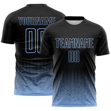 Laden Sie das Bild in den Galerie-Viewer, Custom Black-Light Blue Fade Wave Lines Splatter Sublimation Soccer Uniform Jersey
