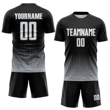 Custom Black White-Gray Fade Wave Lines Splatter Sublimation Soccer Uniform Jersey