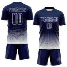 Laden Sie das Bild in den Galerie-Viewer, Custom Navy-White Fade Wave Lines Splatter Sublimation Soccer Uniform Jersey
