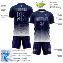 Laden Sie das Bild in den Galerie-Viewer, Custom Navy-White Fade Wave Lines Splatter Sublimation Soccer Uniform Jersey

