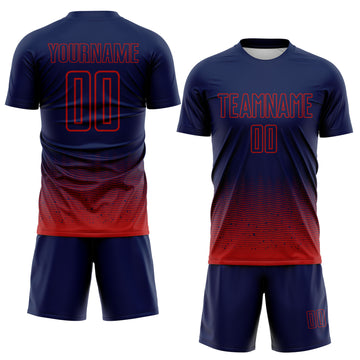 Custom Navy-Red Fade Wave Lines Splatter Sublimation Soccer Uniform Jersey