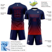 Charger l'image dans la galerie, Custom Navy-Red Fade Wave Lines Splatter Sublimation Soccer Uniform Jersey
