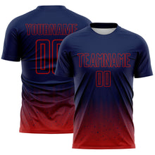 Charger l'image dans la galerie, Custom Navy-Red Fade Wave Lines Splatter Sublimation Soccer Uniform Jersey
