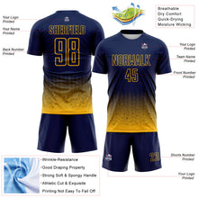 Laden Sie das Bild in den Galerie-Viewer, Custom Navy-Gold Fade Wave Lines Splatter Sublimation Soccer Uniform Jersey
