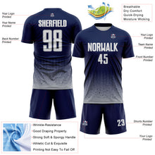 Laden Sie das Bild in den Galerie-Viewer, Custom Navy White-Gray Fade Wave Lines Splatter Sublimation Soccer Uniform Jersey
