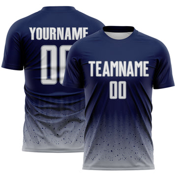 Custom Navy White-Gray Fade Wave Lines Splatter Sublimation Soccer Uniform Jersey