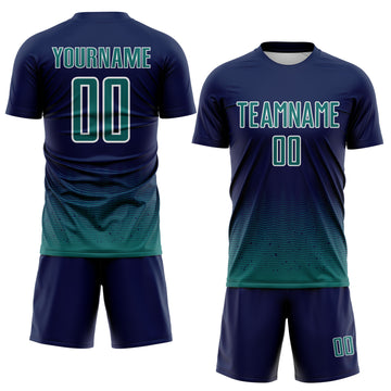 Custom Navy Teal-White Fade Wave Lines Splatter Sublimation Soccer Uniform Jersey