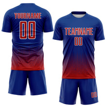 Laden Sie das Bild in den Galerie-Viewer, Custom Royal Red-White Fade Wave Lines Splatter Sublimation Soccer Uniform Jersey
