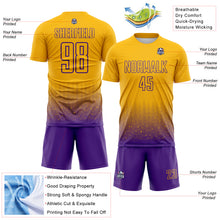 Laden Sie das Bild in den Galerie-Viewer, Custom Gold-Purple Fade Wave Lines Splatter Sublimation Soccer Uniform Jersey
