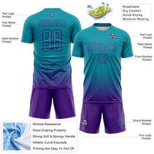 Laden Sie das Bild in den Galerie-Viewer, Custom Teal-Purple Fade Wave Lines Splatter Sublimation Soccer Uniform Jersey
