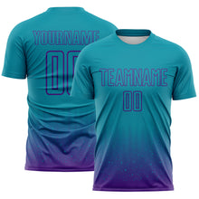 Laden Sie das Bild in den Galerie-Viewer, Custom Teal-Purple Fade Wave Lines Splatter Sublimation Soccer Uniform Jersey
