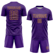 Laden Sie das Bild in den Galerie-Viewer, Custom Purple Black-Gold Abstract Wave Lines Interlocking Sublimation Soccer Uniform Jersey
