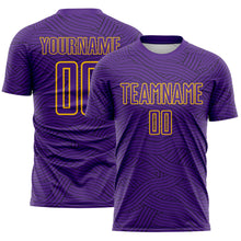Laden Sie das Bild in den Galerie-Viewer, Custom Purple Black-Gold Abstract Wave Lines Interlocking Sublimation Soccer Uniform Jersey
