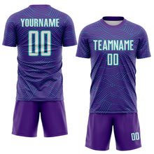 Charger l'image dans la galerie, Custom Purple White-Aqua Abstract Wave Lines Interlocking Sublimation Soccer Uniform Jersey
