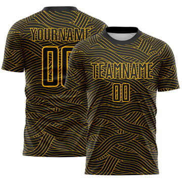 Custom Black-Gold Abstract Wave Lines Interlocking Sublimation Soccer Uniform Jersey