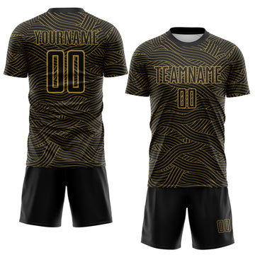 Custom Black-Old Gold Abstract Wave Lines Interlocking Sublimation Soccer Uniform Jersey
