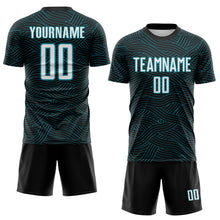 Laden Sie das Bild in den Galerie-Viewer, Custom Black White-Teal Abstract Wave Lines Interlocking Sublimation Soccer Uniform Jersey
