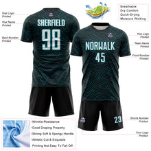 Laden Sie das Bild in den Galerie-Viewer, Custom Black White-Teal Abstract Wave Lines Interlocking Sublimation Soccer Uniform Jersey
