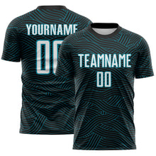 Laden Sie das Bild in den Galerie-Viewer, Custom Black White-Teal Abstract Wave Lines Interlocking Sublimation Soccer Uniform Jersey
