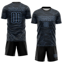 Laden Sie das Bild in den Galerie-Viewer, Custom Black-Light Blue Abstract Wave Lines Interlocking Sublimation Soccer Uniform Jersey
