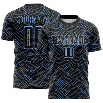 Custom Black-Light Blue Abstract Wave Lines Interlocking Sublimation Soccer Uniform Jersey