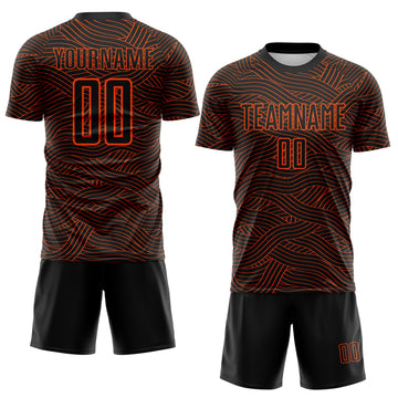 Custom Black-Orange Abstract Wave Lines Interlocking Sublimation Soccer Uniform Jersey