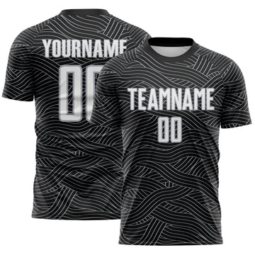 Custom Black White-Gray Abstract Wave Lines Interlocking Sublimation Soccer Uniform Jersey