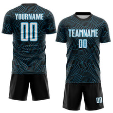 Laden Sie das Bild in den Galerie-Viewer, Custom Black White-Sky Blue Abstract Wave Lines Interlocking Sublimation Soccer Uniform Jersey
