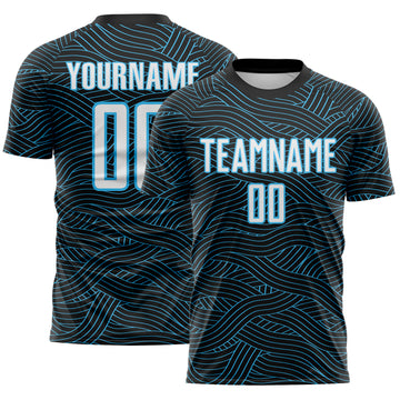 Custom Black White-Sky Blue Abstract Wave Lines Interlocking Sublimation Soccer Uniform Jersey