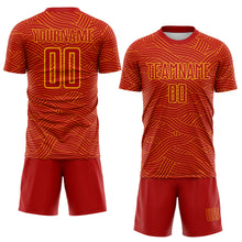 Загрузить изображение в средство просмотра галереи, Custom Red-Gold Abstract Wave Lines Interlocking Sublimation Soccer Uniform Jersey
