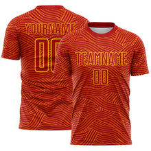 Загрузить изображение в средство просмотра галереи, Custom Red-Gold Abstract Wave Lines Interlocking Sublimation Soccer Uniform Jersey
