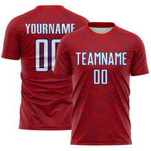 Laden Sie das Bild in den Galerie-Viewer, Custom Red White-Royal Abstract Wave Lines Interlocking Sublimation Soccer Uniform Jersey
