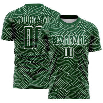 Custom Green-White Abstract Wave Lines Interlocking Sublimation Soccer Uniform Jersey