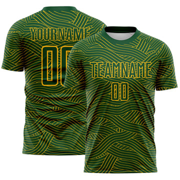 Custom Green-Gold Abstract Wave Lines Interlocking Sublimation Soccer Uniform Jersey
